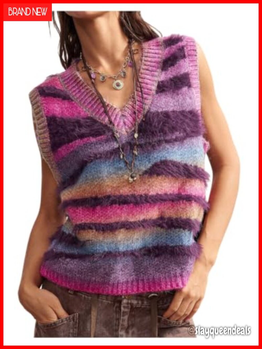 Sleeveless V Neck Striped Knit Sweater Vest Fuzzy Pullover Tank Top